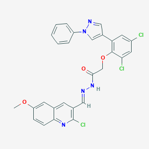 molecular formula C28H20Cl3N5O3 B304611 N'-[(2-chloro-6-methoxy-3-quinolinyl)methylene]-2-[2,4-dichloro-6-(1-phenyl-1H-pyrazol-4-yl)phenoxy]acetohydrazide 