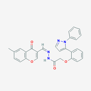 molecular formula C28H22N4O4 B304643 N'-[(6-methyl-4-oxo-4H-chromen-3-yl)methylene]-2-[2-(1-phenyl-1H-pyrazol-5-yl)phenoxy]acetohydrazide 