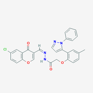 molecular formula C28H21ClN4O4 B304646 N'-[(6-chloro-4-oxo-4H-chromen-3-yl)methylene]-2-[4-methyl-2-(1-phenyl-1H-pyrazol-5-yl)phenoxy]acetohydrazide 
