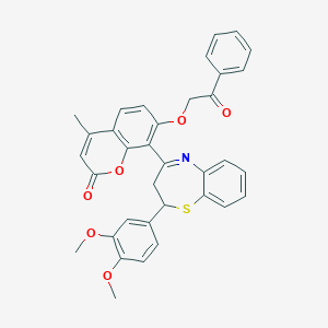molecular formula C35H29NO6S B304657 8-[2-(3,4-dimethoxyphenyl)-2,3-dihydro-1,5-benzothiazepin-4-yl]-4-methyl-7-(2-oxo-2-phenylethoxy)-2H-chromen-2-one 
