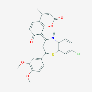 molecular formula C27H22ClNO5S B304690 (8E)-8-[8-chloro-2-(3,4-dimethoxyphenyl)-3,5-dihydro-2H-1,5-benzothiazepin-4-ylidene]-4-methylchromene-2,7-dione 