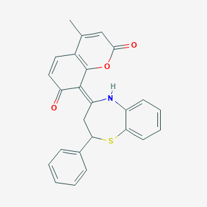 molecular formula C25H19NO3S B304691 (8E)-4-methyl-8-(2-phenyl-3,5-dihydro-2H-1,5-benzothiazepin-4-ylidene)chromene-2,7-dione 