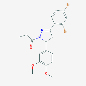 molecular formula C20H20Br2N2O3 B304704 5-[3,4-bis(methyloxy)phenyl]-3-(2,4-dibromophenyl)-1-propanoyl-4,5-dihydro-1H-pyrazole 