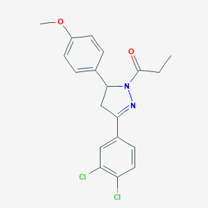 molecular formula C19H18Cl2N2O2 B304707 3-(3,4-dichlorophenyl)-5-[4-(methyloxy)phenyl]-1-propanoyl-4,5-dihydro-1H-pyrazole 