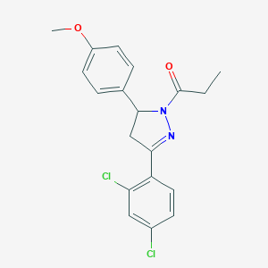molecular formula C19H18Cl2N2O2 B304708 3-(2,4-dichlorophenyl)-5-[4-(methyloxy)phenyl]-1-propanoyl-4,5-dihydro-1H-pyrazole 