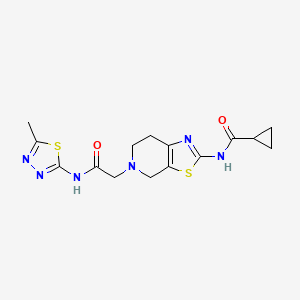 molecular formula C15H18N6O2S2 B3047089 N-(5-(2-((5-methyl-1,3,4-thiadiazol-2-yl)amino)-2-oxoethyl)-4,5,6,7-tetrahydrothiazolo[5,4-c]pyridin-2-yl)cyclopropanecarboxamide CAS No. 1351642-24-4