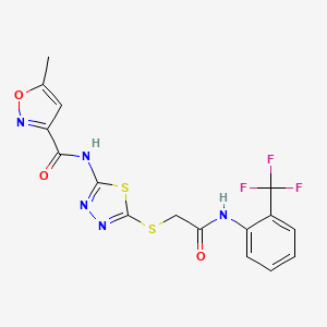 molecular formula C16H12F3N5O3S2 B3047090 5-methyl-N-(5-((2-oxo-2-((2-(trifluoromethyl)phenyl)amino)ethyl)thio)-1,3,4-thiadiazol-2-yl)isoxazole-3-carboxamide CAS No. 1351643-25-8