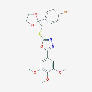 molecular formula C21H21BrN2O6S B304713 2-[[2-(4-Bromophenyl)-1,3-dioxolan-2-yl]methylsulfanyl]-5-(3,4,5-trimethoxyphenyl)-1,3,4-oxadiazole 