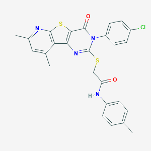 2-[[5-(4-chlorophenyl)-11,13-dimethyl-6-oxo-8-thia-3,5,10-triazatricyclo[7.4.0.02,7]trideca-1(9),2(7),3,10,12-pentaen-4-yl]sulfanyl]-N-(4-methylphenyl)acetamide