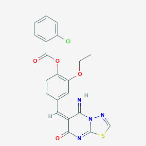 molecular formula C21H15ClN4O4S B304727 2-ethoxy-4-[(5-imino-7-oxo-5H-[1,3,4]thiadiazolo[3,2-a]pyrimidin-6(7H)-ylidene)methyl]phenyl 2-chlorobenzoate 
