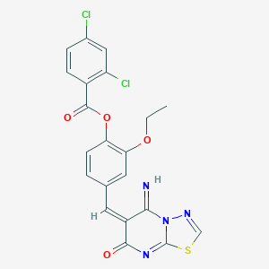 molecular formula C21H14Cl2N4O4S B304741 2-ethoxy-4-[(5-imino-7-oxo-5H-[1,3,4]thiadiazolo[3,2-a]pyrimidin-6(7H)-ylidene)methyl]phenyl 2,4-dichlorobenzoate 