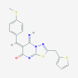 molecular formula C18H14N4OS3 B304746 5-imino-6-[4-(methylsulfanyl)benzylidene]-2-(thien-2-ylmethyl)-5,6-dihydro-7H-[1,3,4]thiadiazolo[3,2-a]pyrimidin-7-one 