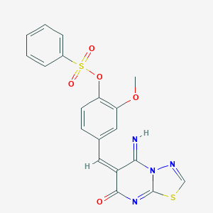 molecular formula C19H14N4O5S2 B304747 4-[(5-imino-7-oxo-5H-[1,3,4]thiadiazolo[3,2-a]pyrimidin-6(7H)-ylidene)methyl]-2-methoxyphenyl benzenesulfonate 