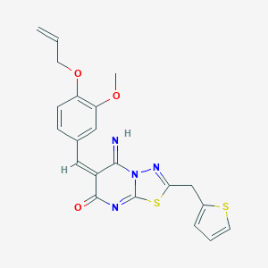 molecular formula C21H18N4O3S2 B304749 6-[4-(allyloxy)-3-methoxybenzylidene]-5-imino-2-(thien-2-ylmethyl)-5,6-dihydro-7H-[1,3,4]thiadiazolo[3,2-a]pyrimidin-7-one 