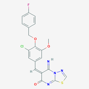 molecular formula C20H14ClFN4O3S B304751 6-{3-chloro-4-[(4-fluorobenzyl)oxy]-5-methoxybenzylidene}-5-imino-5,6-dihydro-7H-[1,3,4]thiadiazolo[3,2-a]pyrimidin-7-one 
