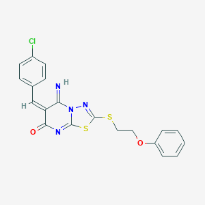 molecular formula C20H15ClN4O2S2 B304753 6-(4-chlorobenzylidene)-5-imino-2-[(2-phenoxyethyl)sulfanyl]-5,6-dihydro-7H-[1,3,4]thiadiazolo[3,2-a]pyrimidin-7-one 