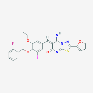 molecular formula C25H18FIN4O4S B304760 6-{3-ethoxy-4-[(2-fluorobenzyl)oxy]-5-iodobenzylidene}-2-(2-furyl)-5-imino-5,6-dihydro-7H-[1,3,4]thiadiazolo[3,2-a]pyrimidin-7-one 