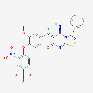 molecular formula C27H17F3N4O5S B304773 6-{4-[2-nitro-4-(trifluoromethyl)phenoxy]-3-methoxybenzylidene}-5-imino-3-phenyl-5,6-dihydro-7H-[1,3]thiazolo[3,2-a]pyrimidin-7-one 