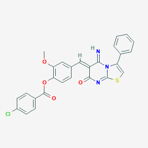 molecular formula C27H18ClN3O4S B304776 4-[(Z)-(5-imino-7-oxo-3-phenyl-5H-[1,3]thiazolo[3,2-a]pyrimidin-6(7H)-ylidene)methyl]-2-methoxyphenyl 4-chlorobenzoate 