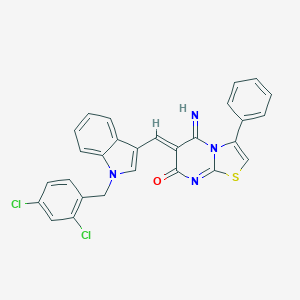 molecular formula C28H18Cl2N4OS B304778 (6Z)-6-{[1-(2,4-dichlorobenzyl)-1H-indol-3-yl]methylidene}-5-imino-3-phenyl-5,6-dihydro-7H-[1,3]thiazolo[3,2-a]pyrimidin-7-one 