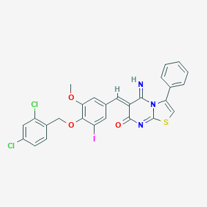 molecular formula C27H18Cl2IN3O3S B304779 (6Z)-6-{4-[(2,4-dichlorobenzyl)oxy]-3-iodo-5-methoxybenzylidene}-5-imino-3-phenyl-5,6-dihydro-7H-[1,3]thiazolo[3,2-a]pyrimidin-7-one 