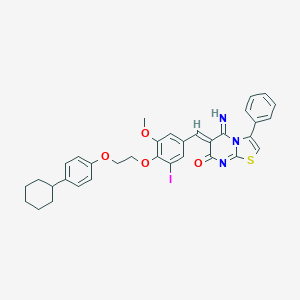 molecular formula C34H32IN3O4S B304783 6-{4-[2-(4-cyclohexylphenoxy)ethoxy]-3-iodo-5-methoxybenzylidene}-5-imino-3-phenyl-5,6-dihydro-7H-[1,3]thiazolo[3,2-a]pyrimidin-7-one 