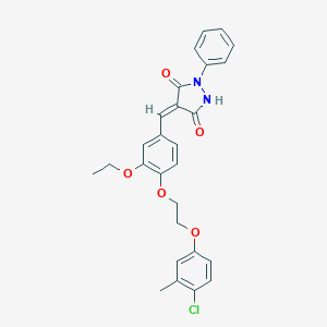molecular formula C27H25ClN2O5 B304792 (4E)-4-{4-[2-(4-chloro-3-methylphenoxy)ethoxy]-3-ethoxybenzylidene}-1-phenylpyrazolidine-3,5-dione 