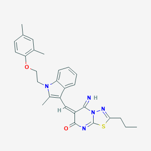 molecular formula C28H29N5O2S B304794 6-({1-[2-(2,4-dimethylphenoxy)ethyl]-2-methyl-1H-indol-3-yl}methylene)-5-imino-2-propyl-5,6-dihydro-7H-[1,3,4]thiadiazolo[3,2-a]pyrimidin-7-one 