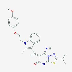 molecular formula C27H27N5O3S B304797 (6E)-5-imino-6-({1-[2-(4-methoxyphenoxy)ethyl]-2-methyl-1H-indol-3-yl}methylidene)-2-(propan-2-yl)-5,6-dihydro-7H-[1,3,4]thiadiazolo[3,2-a]pyrimidin-7-one 