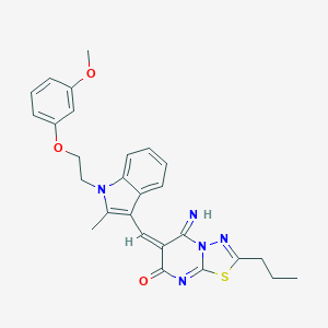 molecular formula C27H27N5O3S B304799 5-imino-6-({1-[2-(3-methoxyphenoxy)ethyl]-2-methyl-1H-indol-3-yl}methylene)-2-propyl-5,6-dihydro-7H-[1,3,4]thiadiazolo[3,2-a]pyrimidin-7-one 