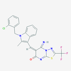 molecular formula C23H15ClF3N5OS B304804 (6E)-6-{[1-(2-chlorobenzyl)-2-methyl-1H-indol-3-yl]methylidene}-5-imino-2-(trifluoromethyl)-5,6-dihydro-7H-[1,3,4]thiadiazolo[3,2-a]pyrimidin-7-one 