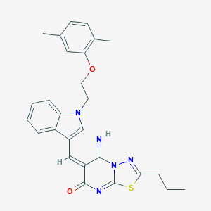 molecular formula C27H27N5O2S B304808 (6E)-6-({1-[2-(2,5-dimethylphenoxy)ethyl]-1H-indol-3-yl}methylidene)-5-imino-2-propyl-5,6-dihydro-7H-[1,3,4]thiadiazolo[3,2-a]pyrimidin-7-one 