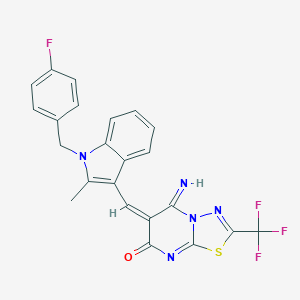 molecular formula C23H15F4N5OS B304809 6-{(E)-1-[1-(4-fluorobenzyl)-2-methyl-1H-indol-3-yl]methylidene}-5-imino-2-(trifluoromethyl)-5,6-dihydro-7H-[1,3,4]thiadiazolo[3,2-a]pyrimidin-7-one 