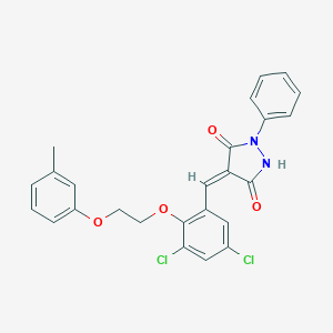 molecular formula C25H20Cl2N2O4 B304812 4-{3,5-Dichloro-2-[2-(3-methylphenoxy)ethoxy]benzylidene}-1-phenyl-3,5-pyrazolidinedione 