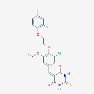 molecular formula C23H23ClN2O5S B304818 5-{3-chloro-4-[2-(2,4-dimethylphenoxy)ethoxy]-5-ethoxybenzylidene}-2-thioxodihydropyrimidine-4,6(1H,5H)-dione 