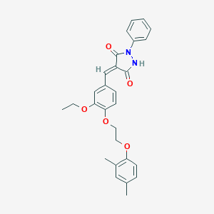 molecular formula C28H28N2O5 B304819 (4E)-4-{4-[2-(2,4-dimethylphenoxy)ethoxy]-3-ethoxybenzylidene}-1-phenylpyrazolidine-3,5-dione 