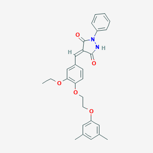 molecular formula C28H28N2O5 B304820 (4E)-4-{4-[2-(3,5-dimethylphenoxy)ethoxy]-3-ethoxybenzylidene}-1-phenylpyrazolidine-3,5-dione 