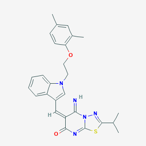 molecular formula C27H27N5O2S B304824 (6E)-6-({1-[2-(2,4-dimethylphenoxy)ethyl]-1H-indol-3-yl}methylidene)-5-imino-2-(propan-2-yl)-5,6-dihydro-7H-[1,3,4]thiadiazolo[3,2-a]pyrimidin-7-one 