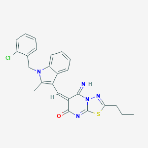molecular formula C25H22ClN5OS B304829 (6E)-6-{[1-(2-chlorobenzyl)-2-methyl-1H-indol-3-yl]methylidene}-5-imino-2-propyl-5,6-dihydro-7H-[1,3,4]thiadiazolo[3,2-a]pyrimidin-7-one 