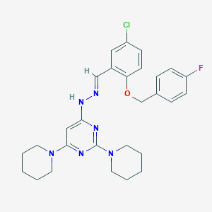 molecular formula C28H32ClFN6O B304833 4-[(2E)-2-{5-chloro-2-[(4-fluorobenzyl)oxy]benzylidene}hydrazinyl]-2,6-di(piperidin-1-yl)pyrimidine 