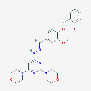 molecular formula C27H31FN6O4 B304836 4-[(2-Fluorobenzyl)oxy]-3-methoxybenzaldehyde [2,6-di(4-morpholinyl)-4-pyrimidinyl]hydrazone 