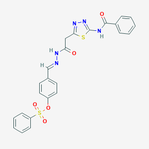 molecular formula C24H19N5O5S2 B304844 4-{(E)-[2-({(5Z)-5-[(phenylcarbonyl)imino]-4,5-dihydro-1,3,4-thiadiazol-2-yl}acetyl)hydrazinylidene]methyl}phenyl benzenesulfonate 