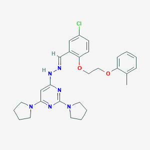 molecular formula C28H33ClN6O2 B304845 4-[(2E)-2-{5-chloro-2-[2-(2-methylphenoxy)ethoxy]benzylidene}hydrazinyl]-2,6-di(pyrrolidin-1-yl)pyrimidine 