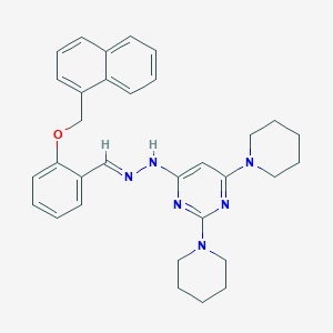 molecular formula C32H36N6O B304847 4-{(2E)-2-[2-(naphthalen-1-ylmethoxy)benzylidene]hydrazinyl}-2,6-di(piperidin-1-yl)pyrimidine 