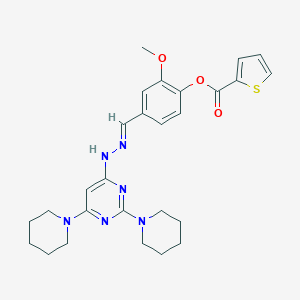 molecular formula C27H32N6O3S B304852 4-[(E)-{2-[2,6-di(piperidin-1-yl)pyrimidin-4-yl]hydrazinylidene}methyl]-2-methoxyphenyl thiophene-2-carboxylate 