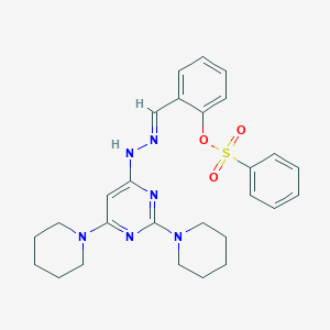 molecular formula C27H32N6O3S B304853 2-[(E)-{2-[2,6-di(piperidin-1-yl)pyrimidin-4-yl]hydrazinylidene}methyl]phenyl benzenesulfonate 
