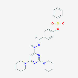 molecular formula C27H32N6O3S B304854 4-[(E)-{2-[2,6-di(piperidin-1-yl)pyrimidin-4-yl]hydrazinylidene}methyl]phenyl benzenesulfonate 