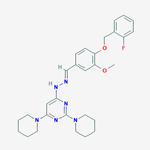 molecular formula C29H35FN6O2 B304857 4-[(2E)-2-{4-[(2-fluorobenzyl)oxy]-3-methoxybenzylidene}hydrazinyl]-2,6-di(piperidin-1-yl)pyrimidine 
