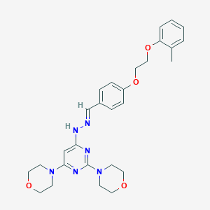 molecular formula C28H34N6O4 B304861 4-[2-(2-Methylphenoxy)ethoxy]benzaldehyde (2,6-dimorpholin-4-ylpyrimidin-4-yl)hydrazone 