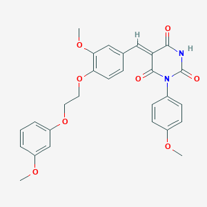 molecular formula C28H26N2O8 B304863 (5Z)-5-{3-methoxy-4-[2-(3-methoxyphenoxy)ethoxy]benzylidene}-1-(4-methoxyphenyl)pyrimidine-2,4,6(1H,3H,5H)-trione 